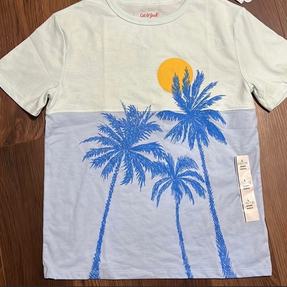 NWT short sleeve 2 tone blue/white t-shirt w/h palm trees sun Boys L - Picture 7 of 9